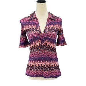 Trina Turk Peru Colorful Chevron Open Knit Collared V-neck Retro Revival Top